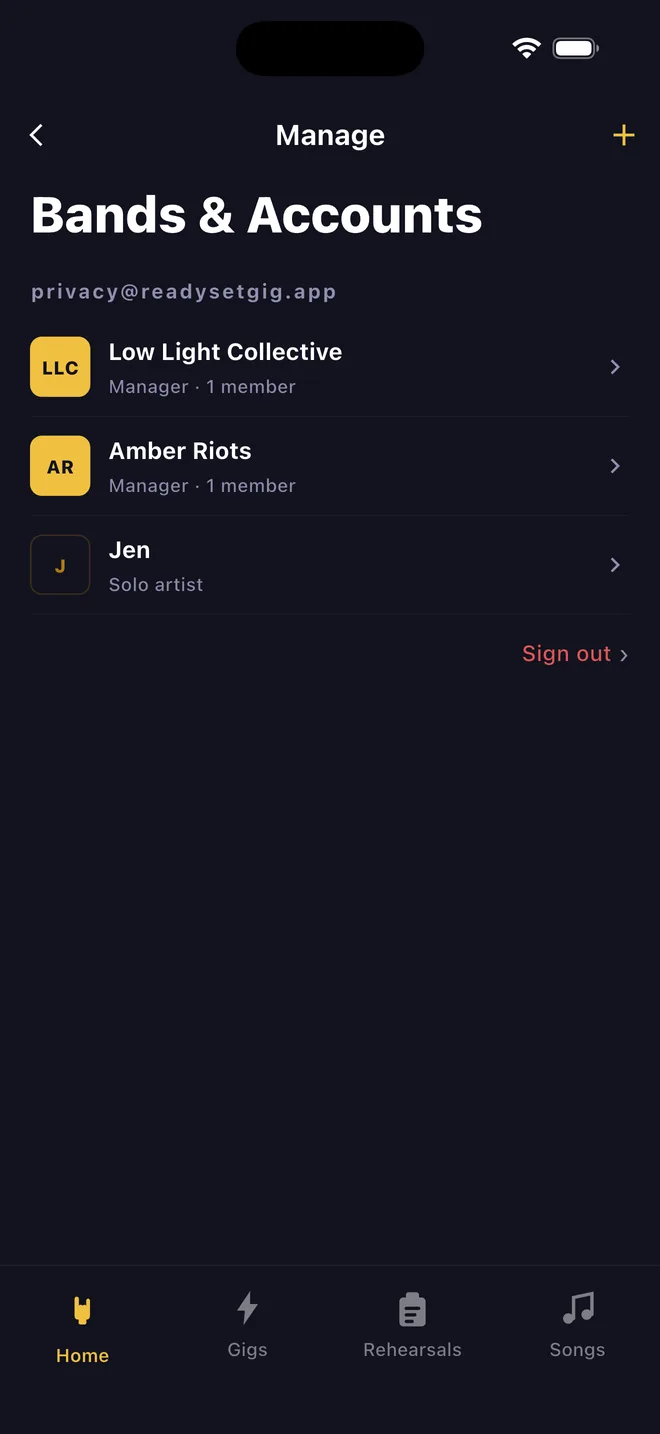 The bands and accounts screen, listing two bands where the player is a manager plus a separate solo artist project.