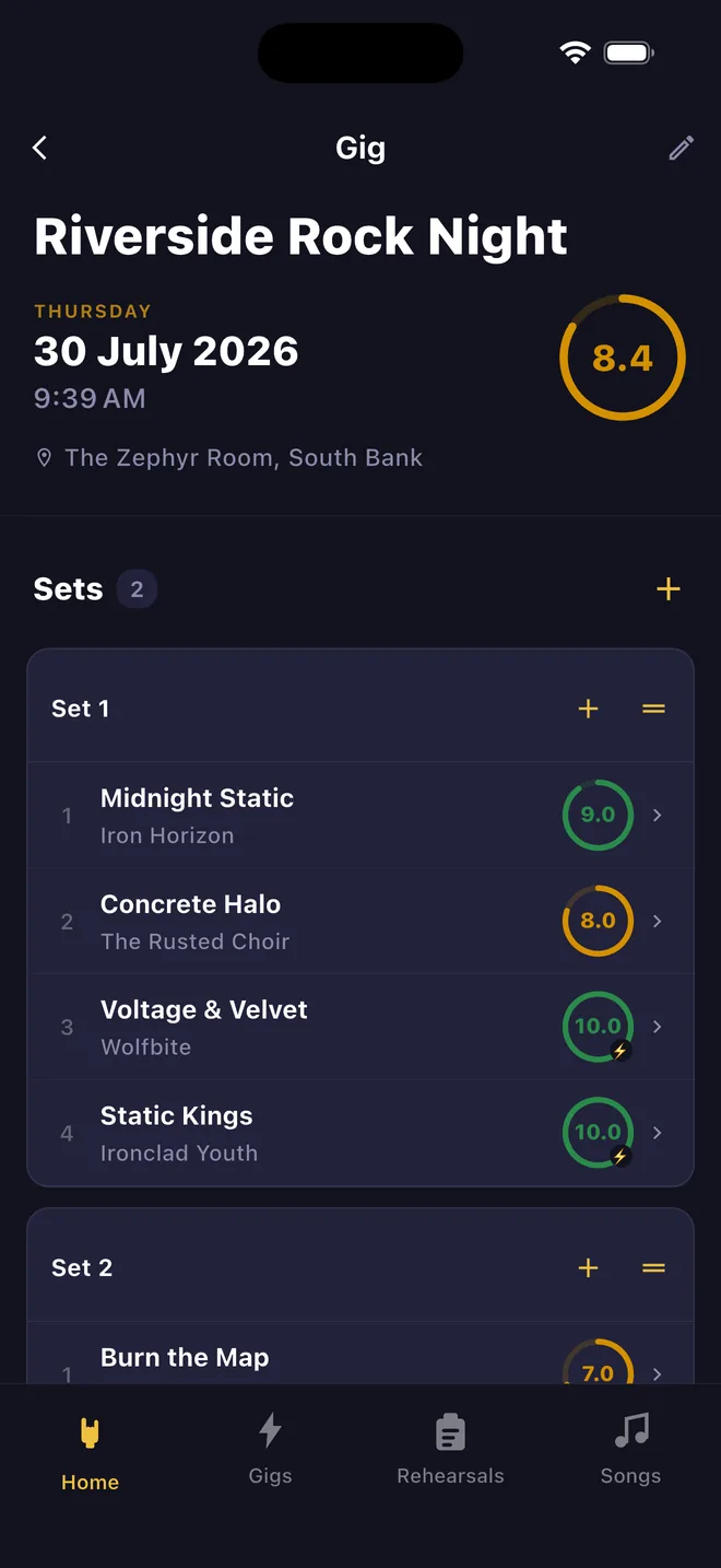 A gig detail screen for Riverside Rock Night, showing the venue and date with an overall readiness score, and two sets of songs in running order.