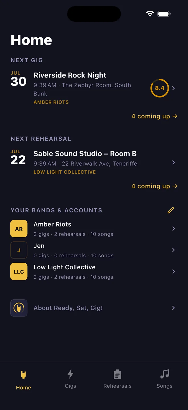 The Ready, Set, Gig! home screen, showing the next gig and next rehearsal with readiness scores, and a list of the bands the player belongs to.