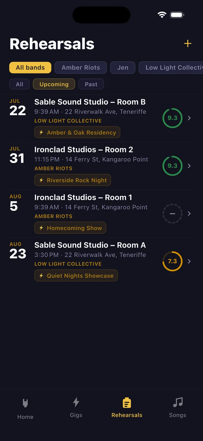 The rehearsals list, showing upcoming rehearsals with their studio, address, band, readiness score and the gig each one is preparing for.