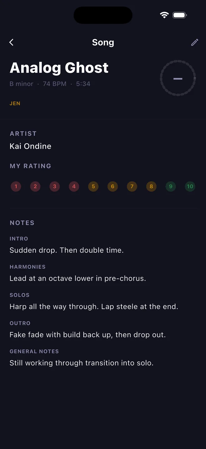 A song detail screen showing key, BPM and length, a one-to-ten rating selector, and shared notes for the intro, harmonies, solos and outro.